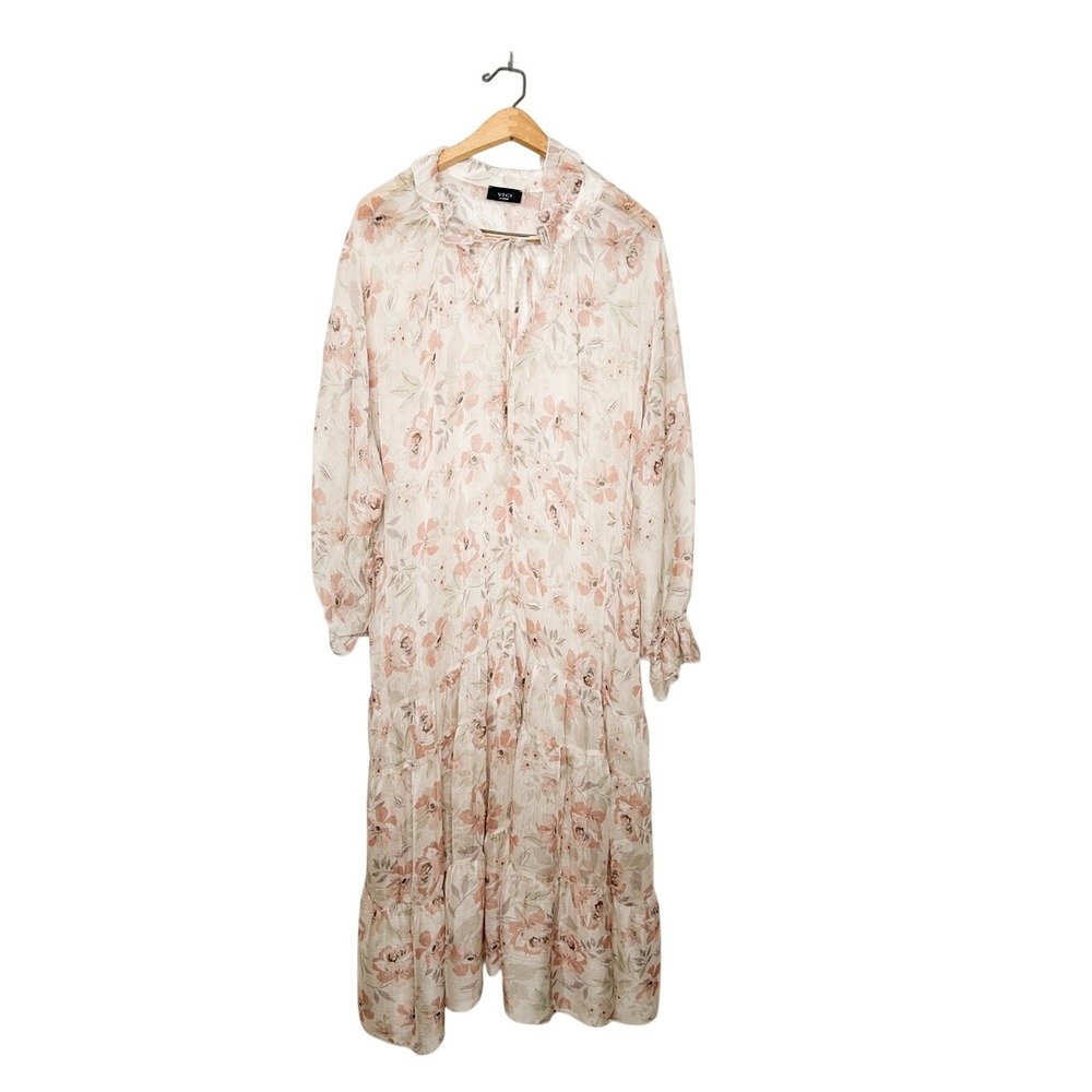 VICI Womens Sheer Flowy Boho Floral Print Long Sleeve Tiered Midi Dress Large L